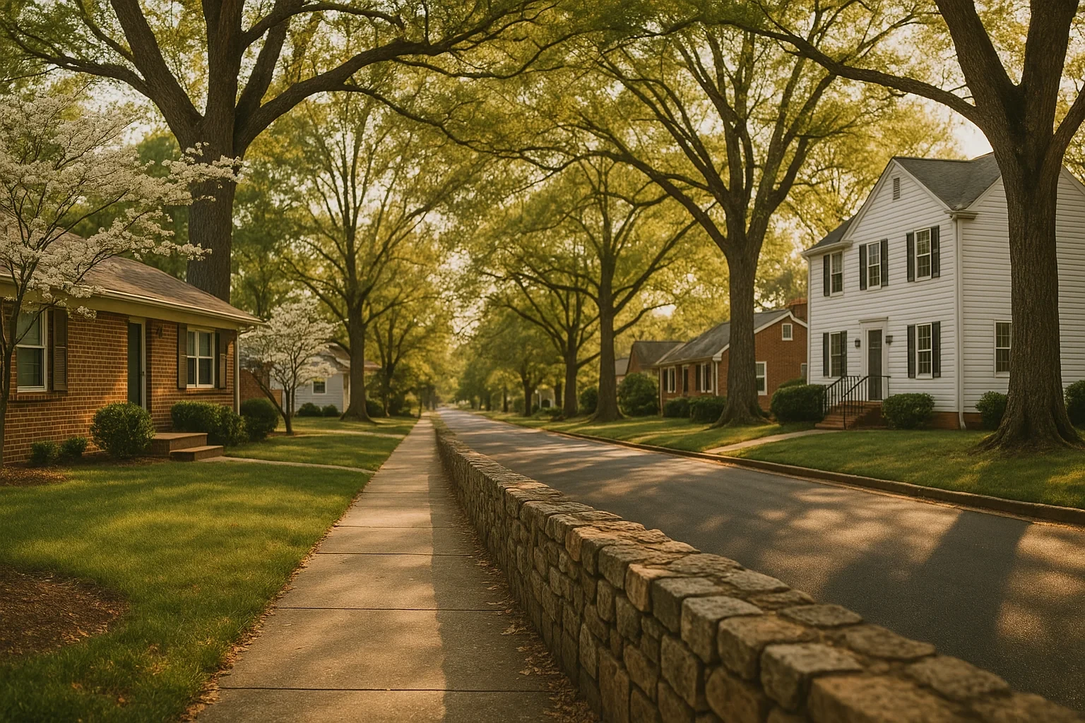 Tree-lined residential street with stone wall, sidewalk, and colonial-style homes in Dumfries neighborhood