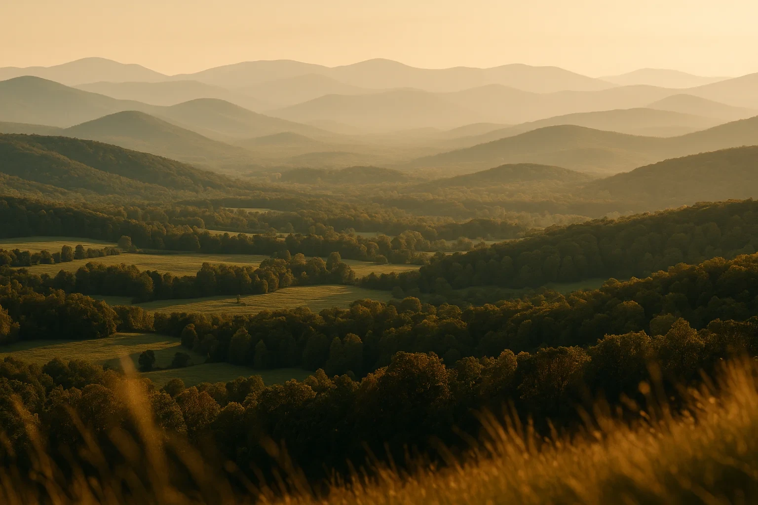 Rolling Blue Ridge mountain layers fade into hazy golden sunset light over forested valleys near Hollymead.