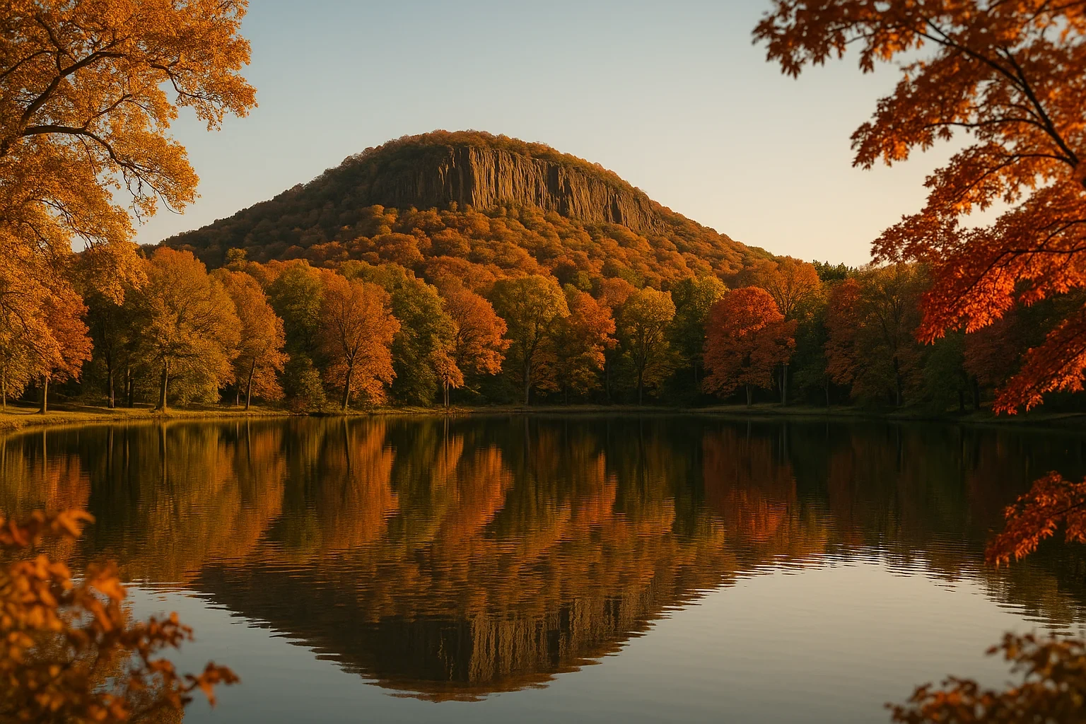 Autumn foliage and a rocky hillside reflected in a calm lake near Newington at golden hour.