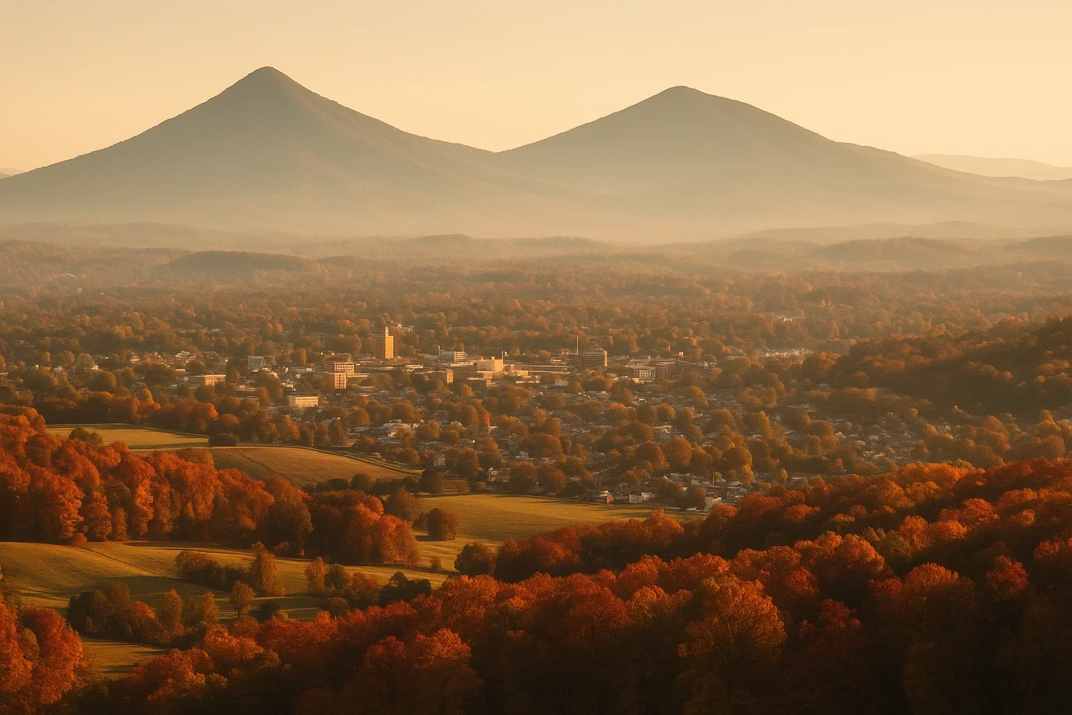 Autumn sunrise over Bedford with twin mountain peaks rising above a valley of golden fall foliage