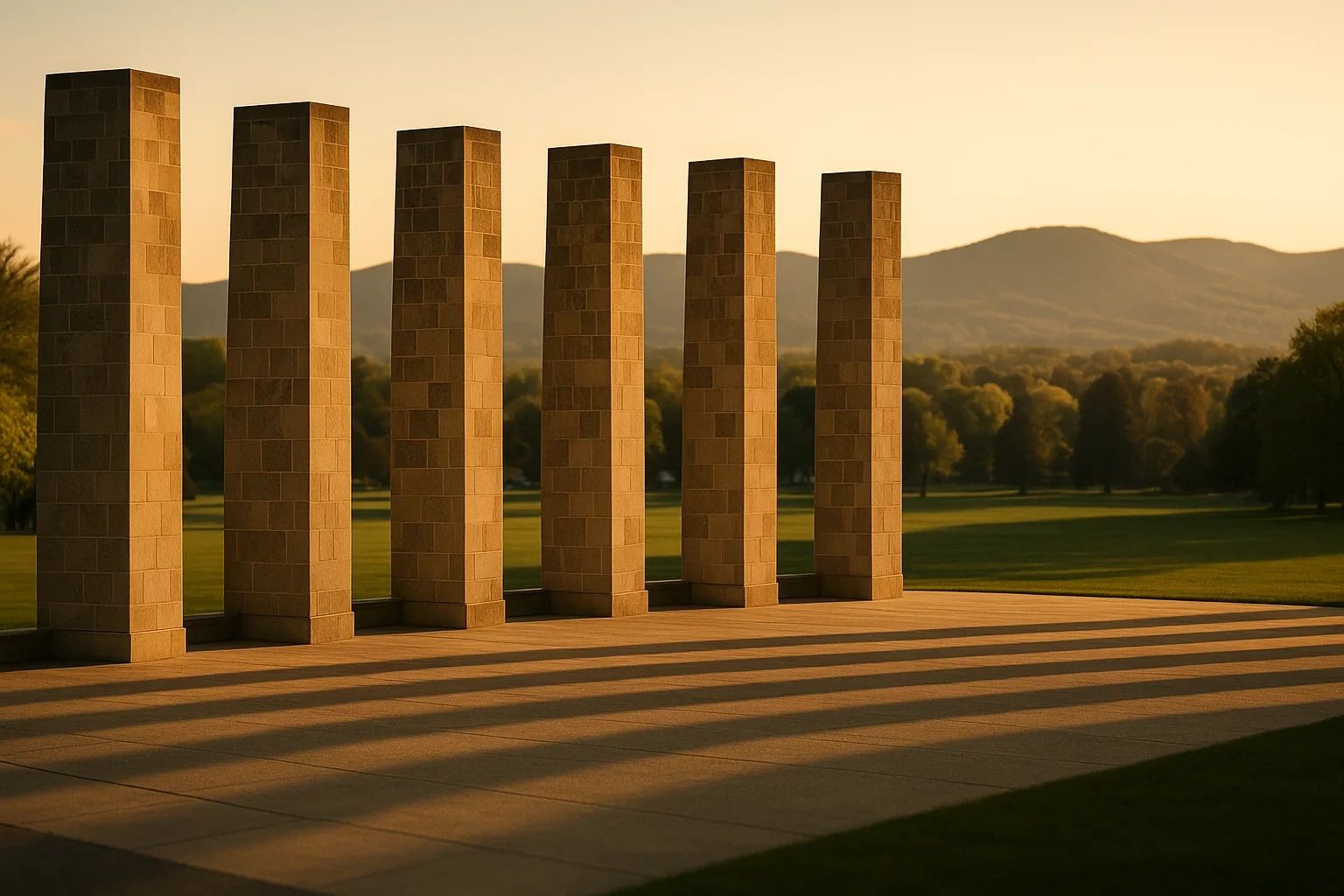 Stone pillars at sunset with rolling mountains and trees in the background near Blacksburg.