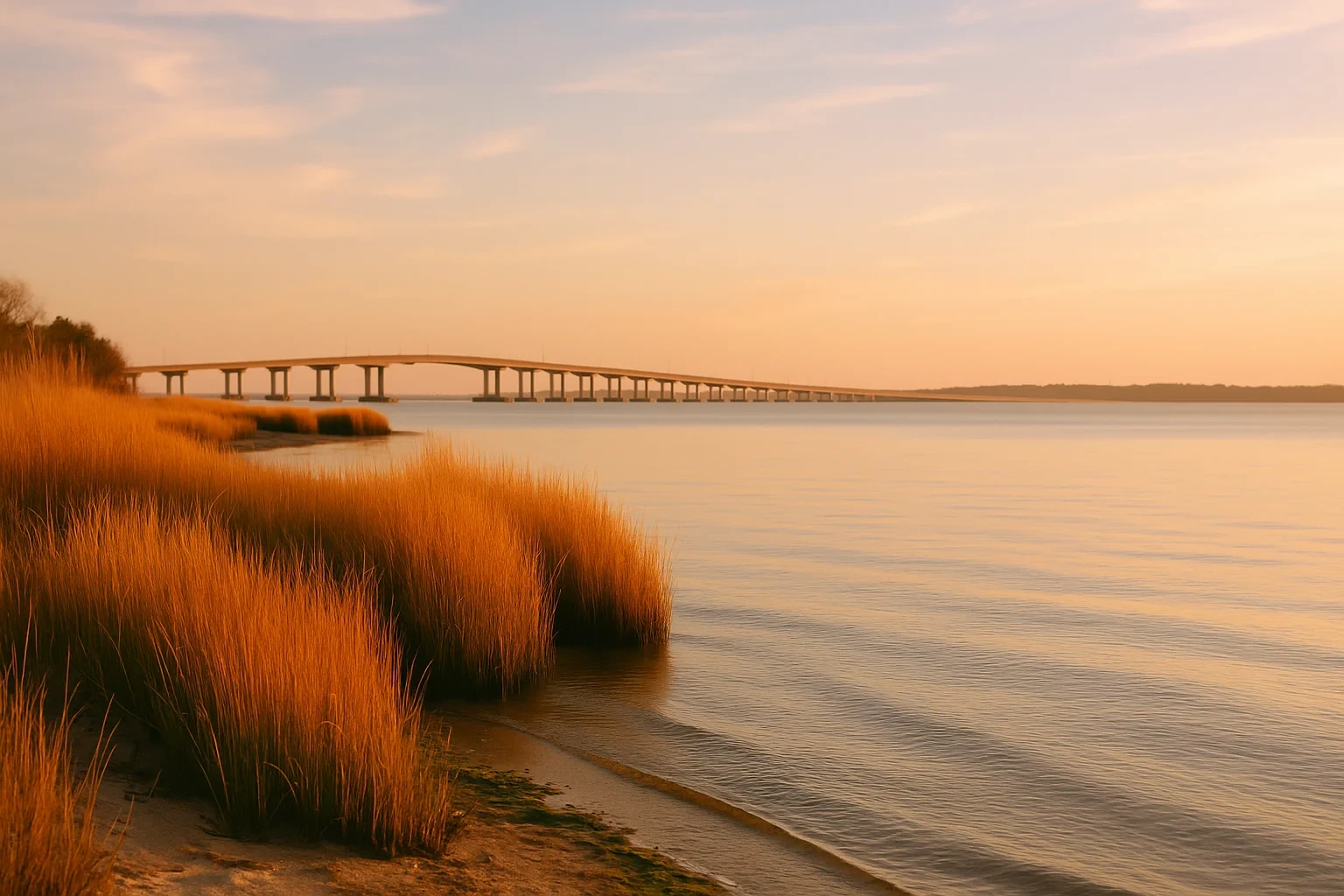 Golden marsh grasses line a calm waterway with a long bridge stretching across the horizon at sunset in Carrollton