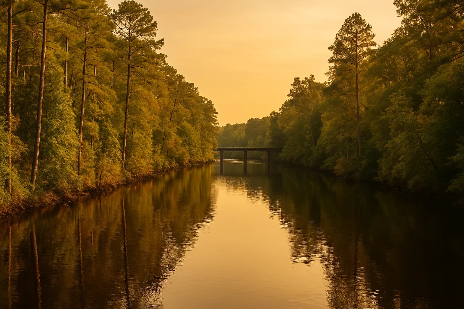 Tranquil river at golden hour with a distant bridge framed by lush forested banks in Emporia