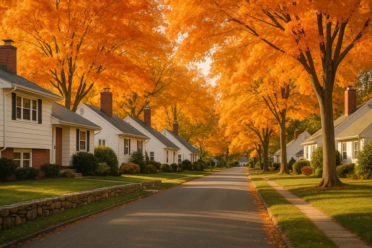 Tree-lined residential street with vibrant orange autumn foliage and white homes in Southwood Acres neighborhood