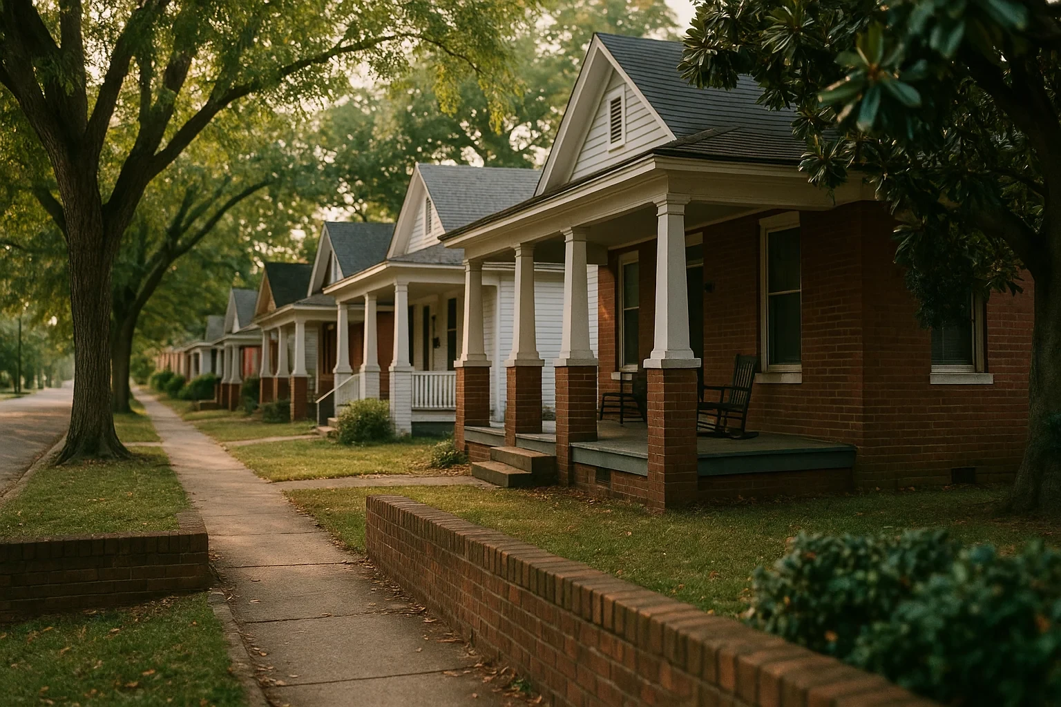 Tree-lined sidewalk passing brick bungalows with white columned front porches in a Emporia neighborhood