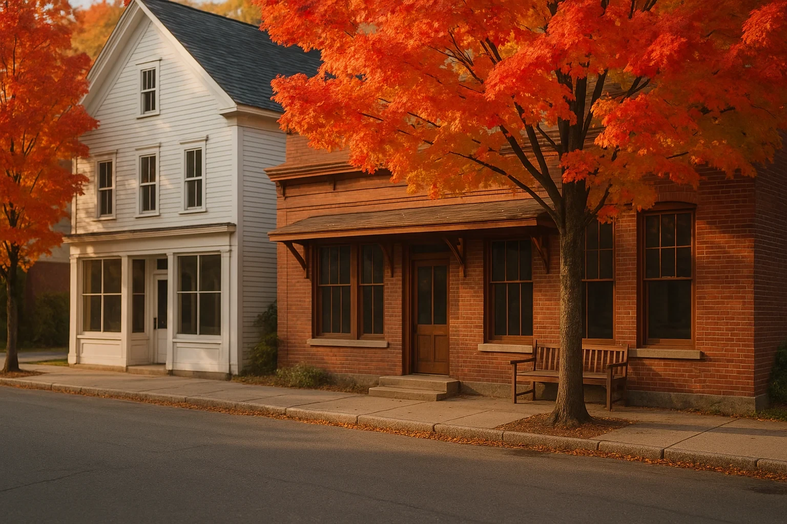 Historic white clapboard and red brick storefronts framed by vibrant autumn maple trees in Terryville