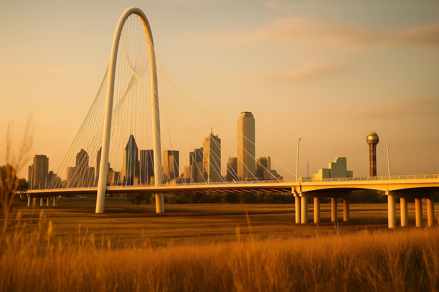 Margaret Hunt Hill Bridge arch and downtown Dallas skyline glowing at sunset above a grassy field