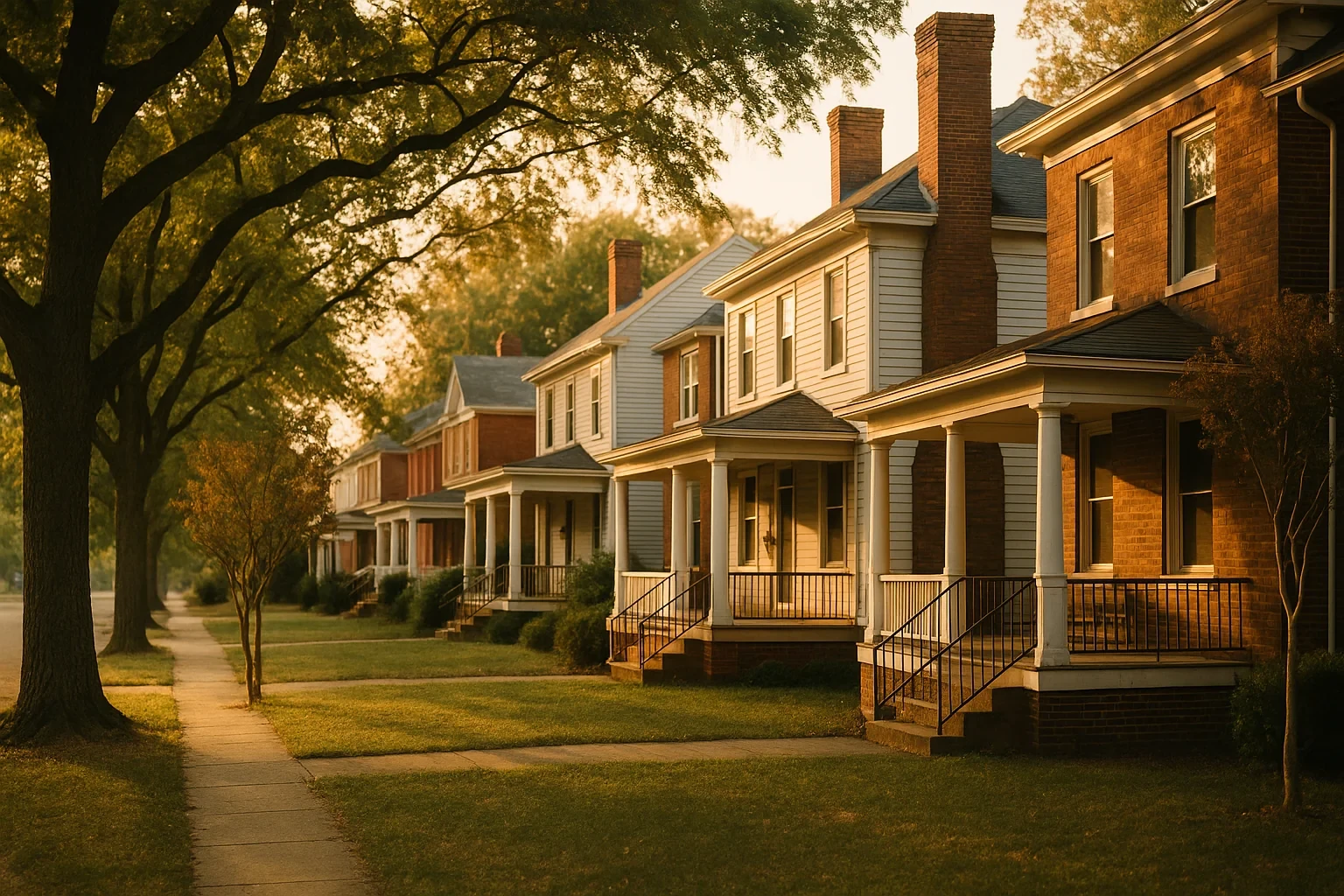 Historic two-story homes with covered porches line a tree-shaded sidewalk at golden hour in Ettrick