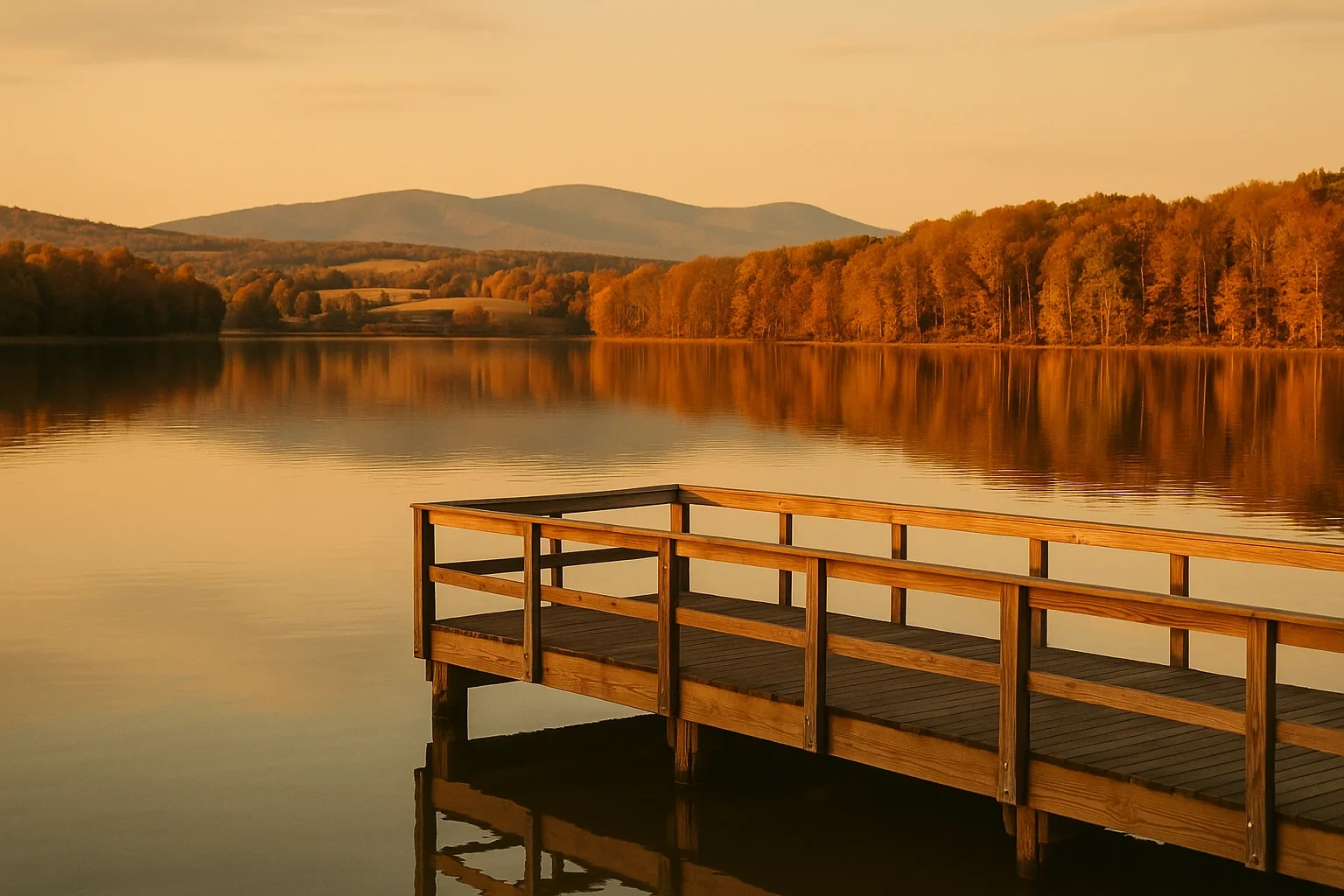 Wooden dock extending into a calm lake at sunset with autumn trees and mountains near Brambleton