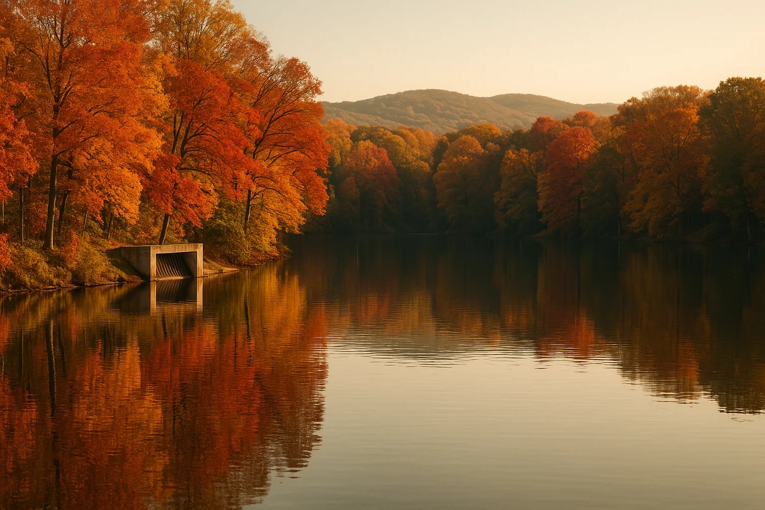 Tranquil autumn lake reflecting vibrant orange and red foliage with rolling hills near Idylwood