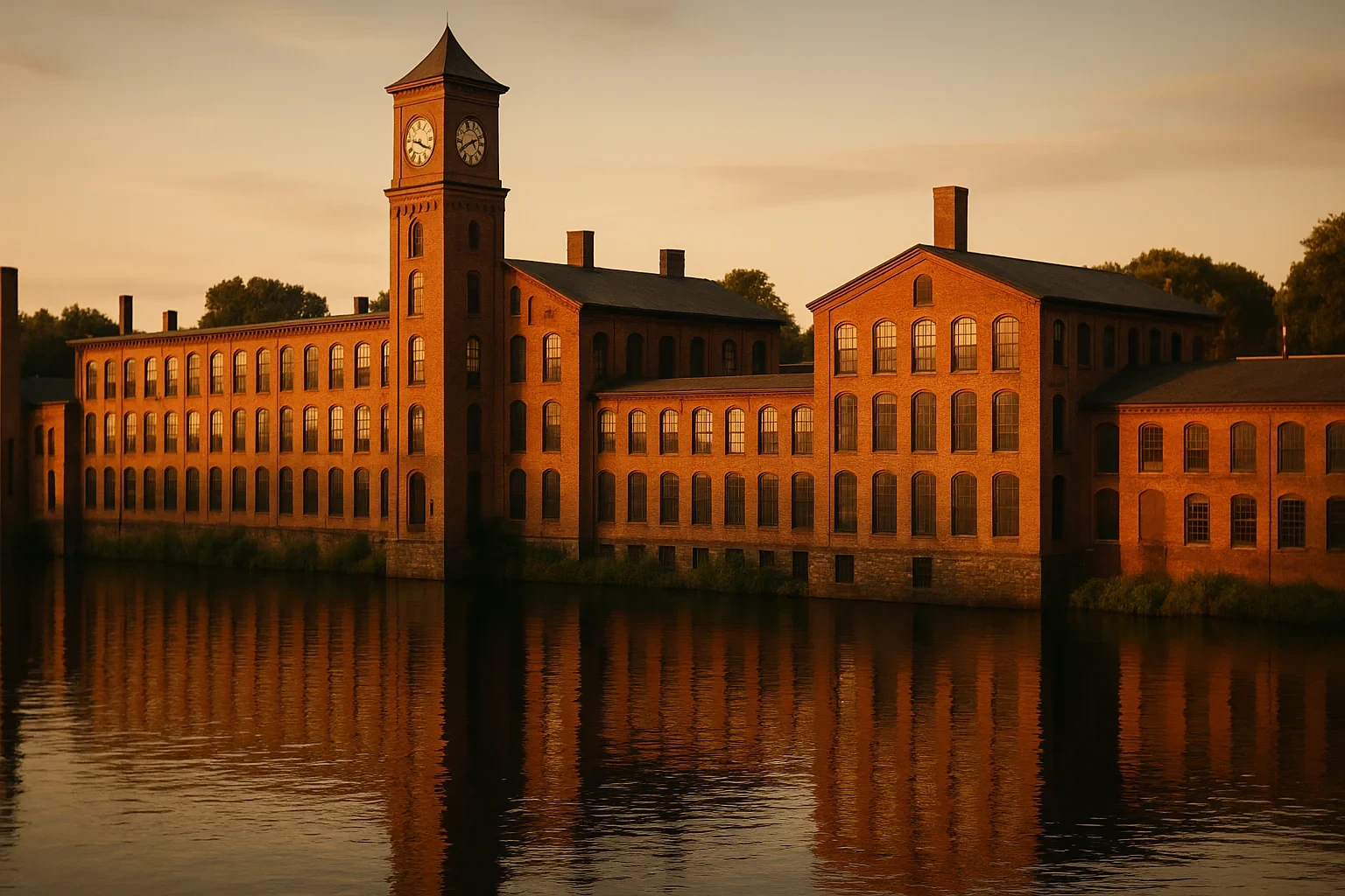 Historic red brick mill with clock tower reflected in river at sunset in Thompsonville