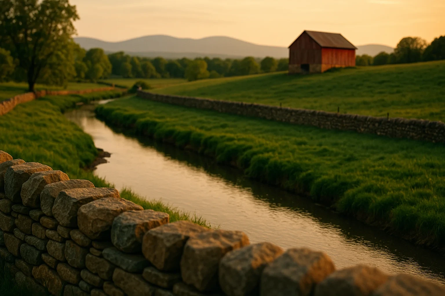 Stone wall along a winding creek with a red barn on a grassy hillside at sunset in Ashburn