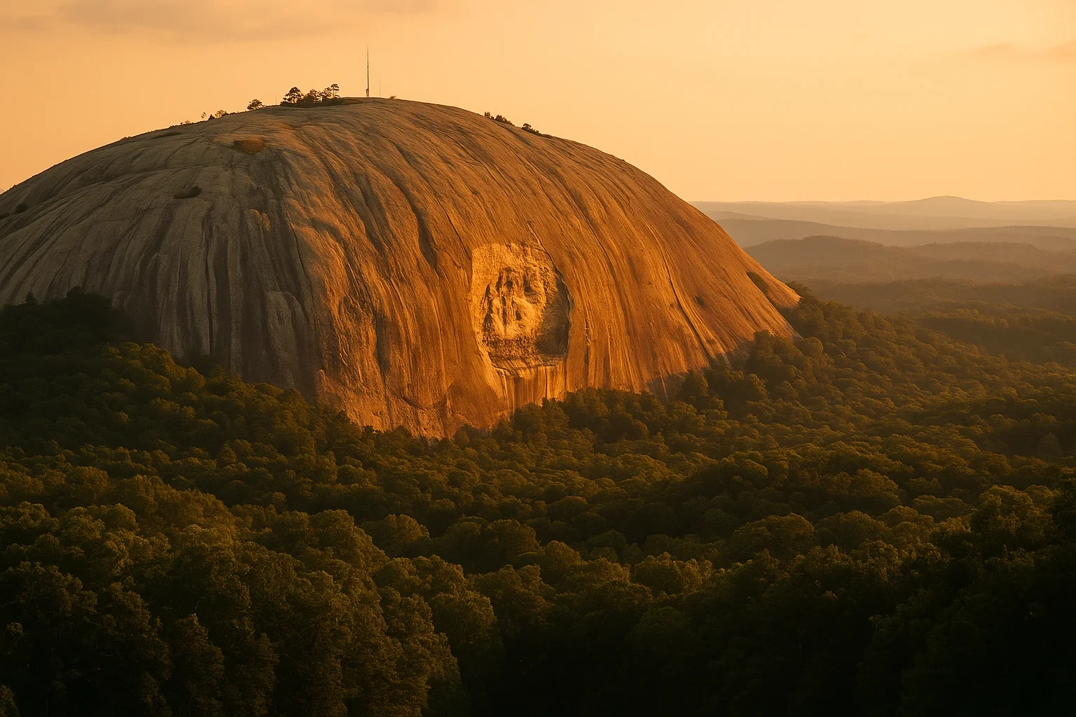 Stone Mountain's massive granite dome glowing at sunset above forested hills near Atlanta