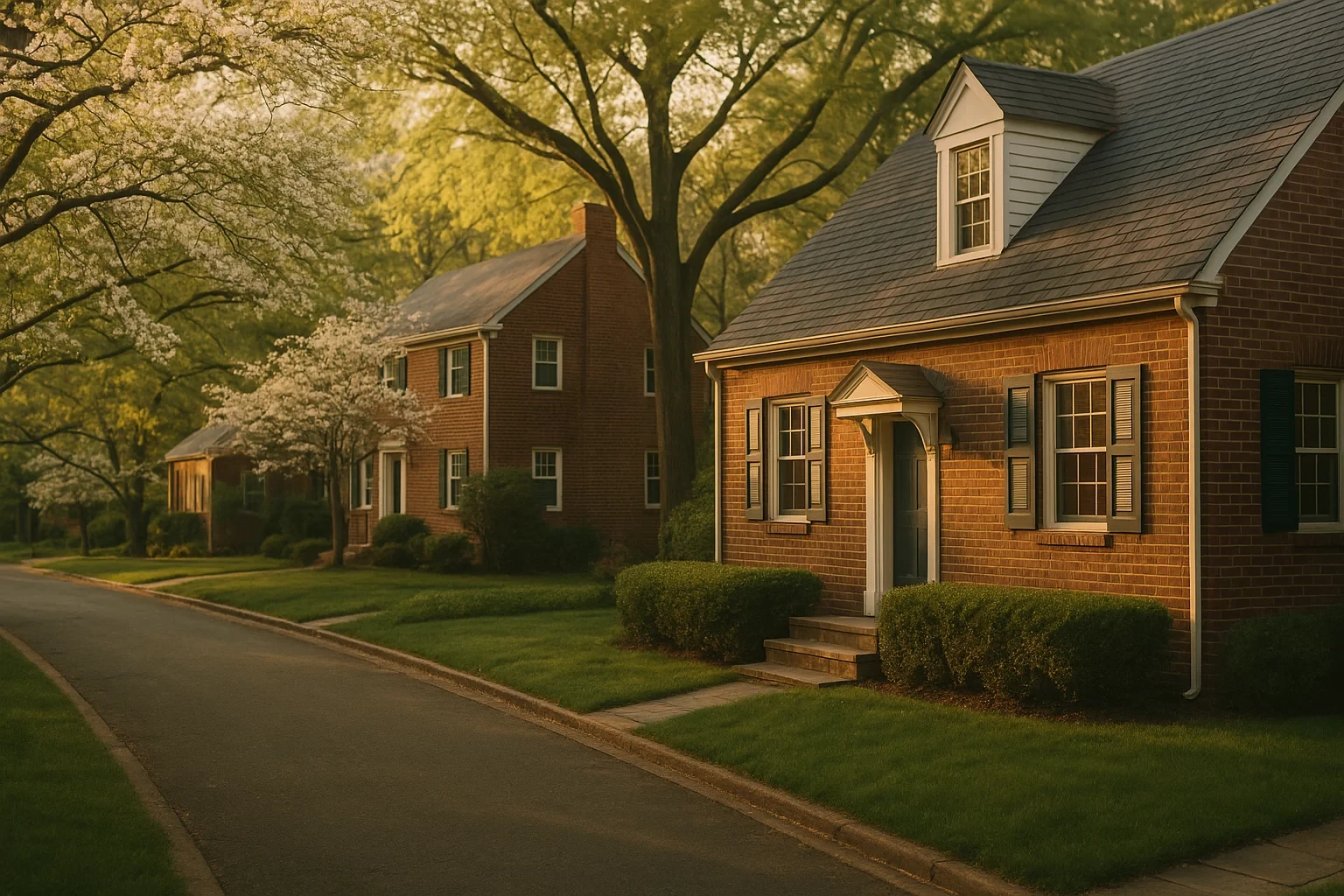 Charming brick homes with white shutters line a tree-lined street at golden hour in Long Branch neighborhood
