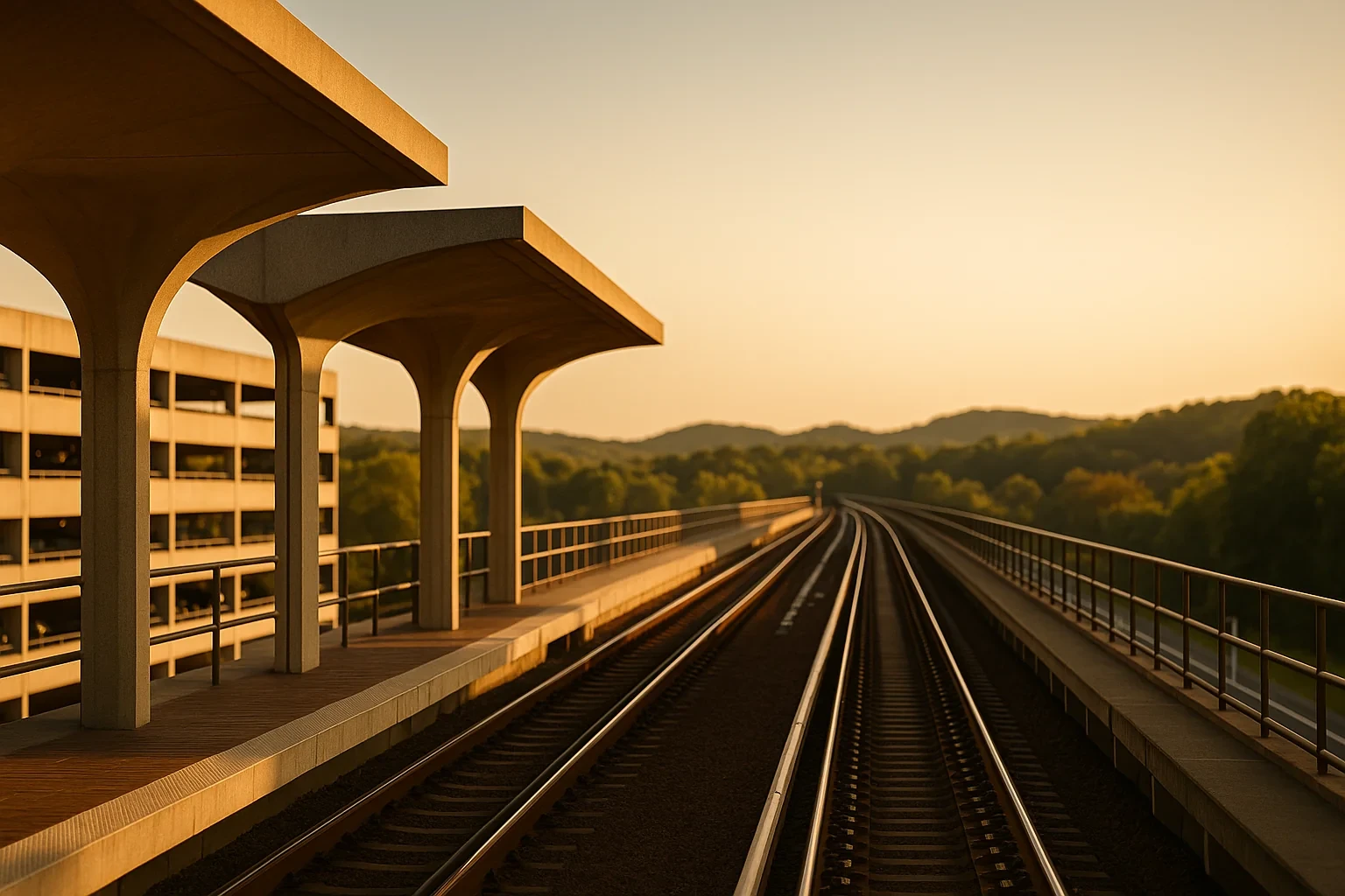 Elevated train station platform with concrete canopy overlooking railway tracks at sunset in Franconia