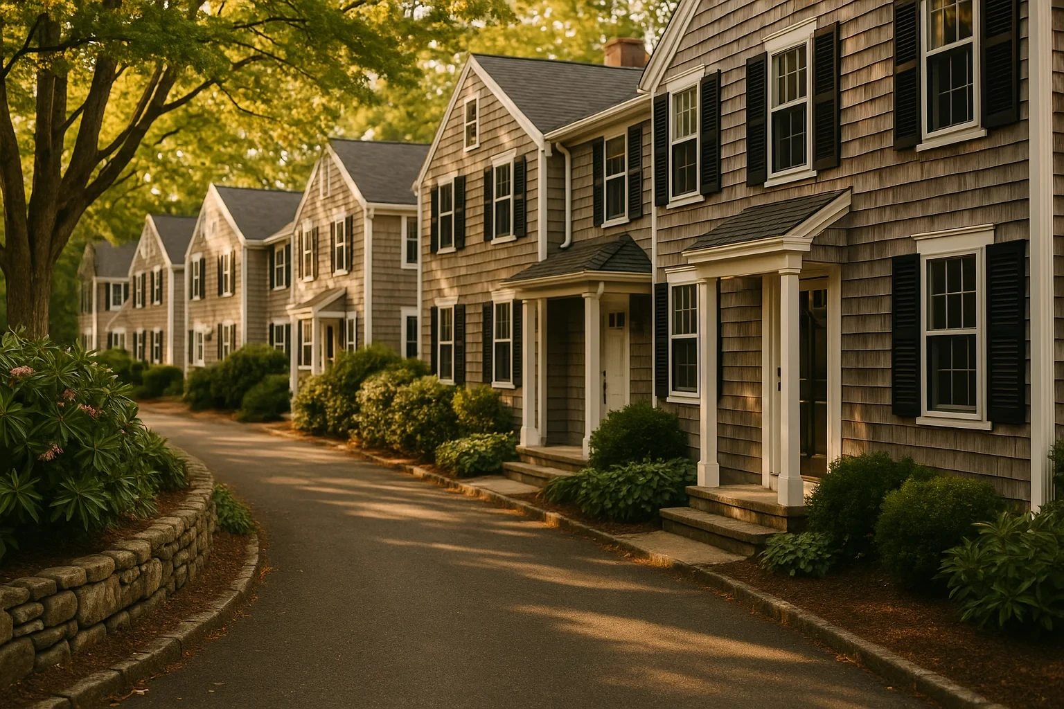Row of cedar-shingled colonial homes with black shutters lining a quiet tree-shaded street in Heritage Village.