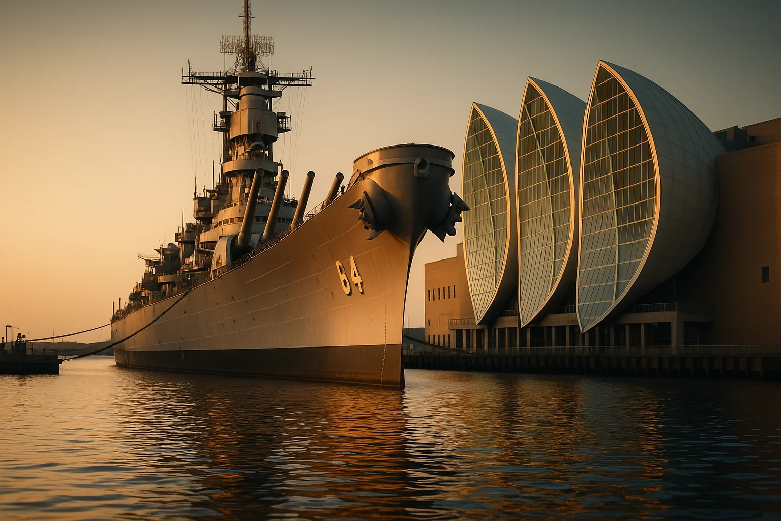 Battleship Wisconsin BB-64 docked beside the sail-shaped Nauticus maritime museum at sunset in Norfolk