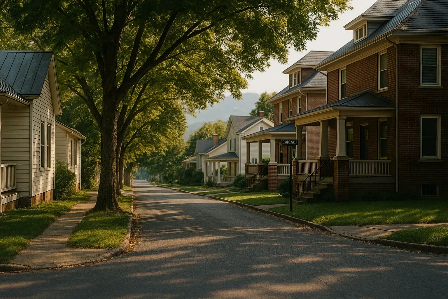 Tree-lined residential street with historic brick and wood homes in Broadway on a sunny afternoon