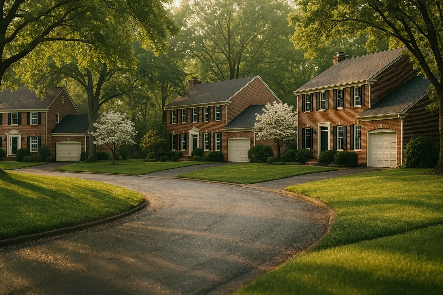 Tree-lined street with brick colonial homes and manicured lawns in a quiet Buckhall neighborhood at dusk