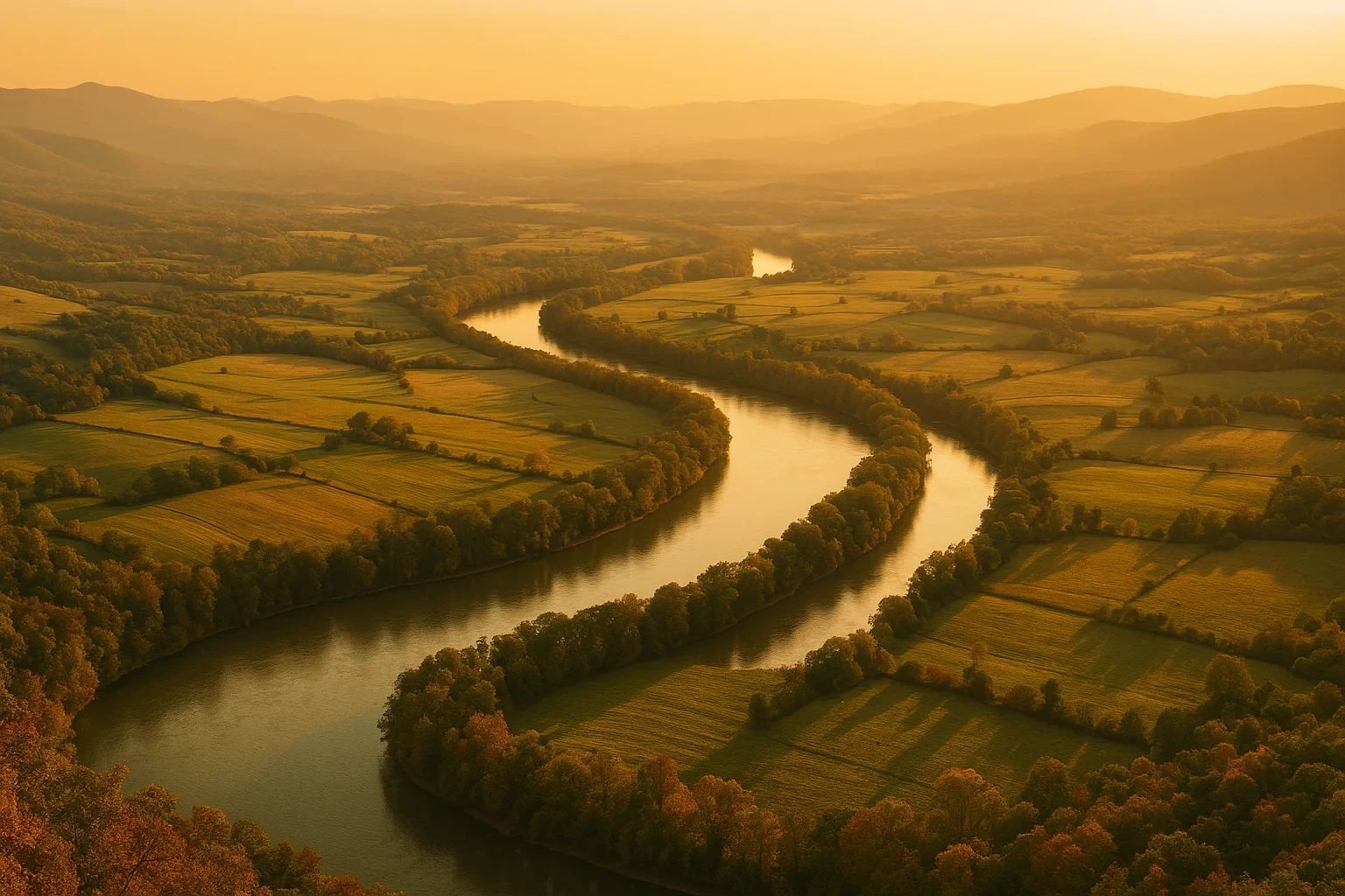 Aerial view of a winding river through golden farmland and rolling hills at sunset near Woodstock