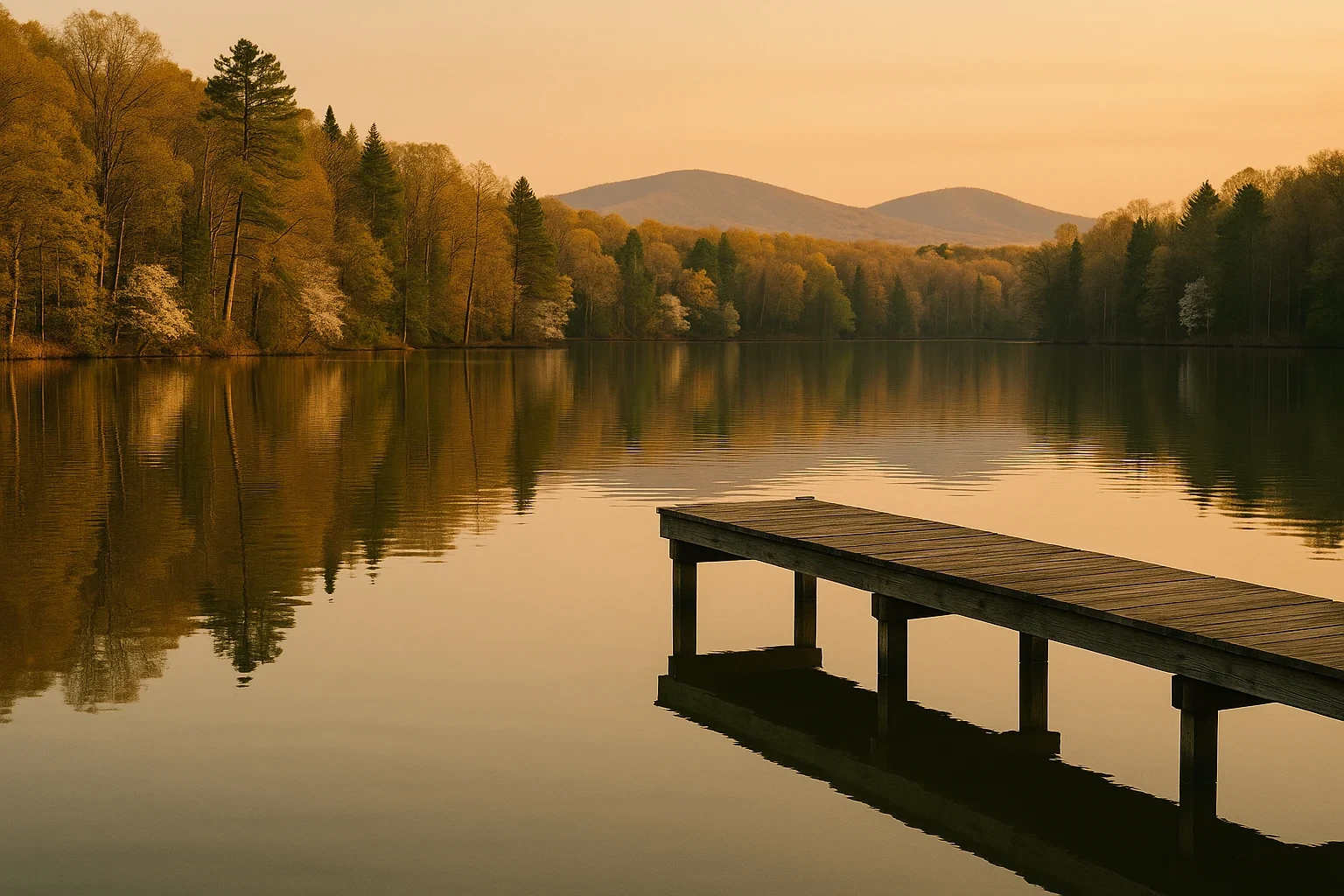 Wooden dock extending into a calm lake at sunset with forested hills reflecting on the water in Lake Monticello