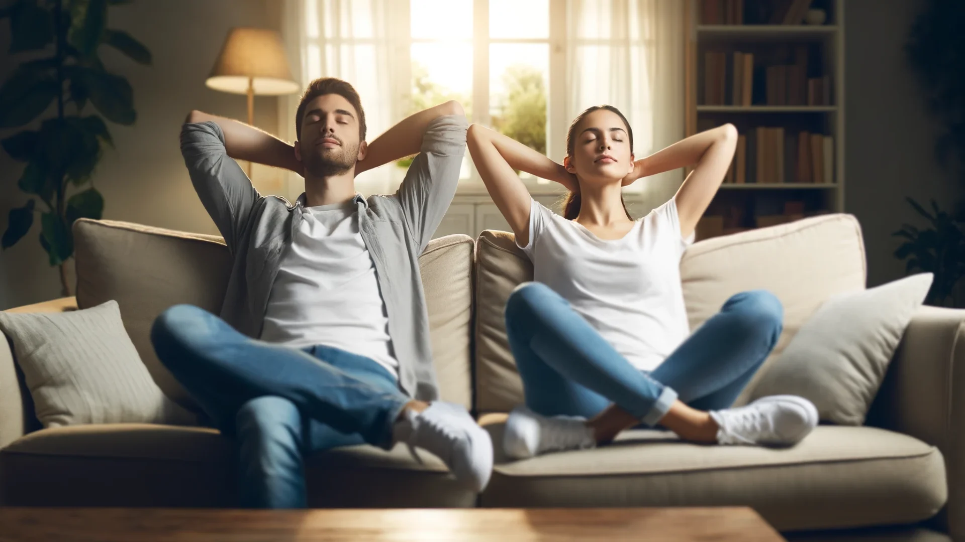 A content couple relaxing on their couch, enjoying the clean, fresh air in their living room after maintaining their humidifier.