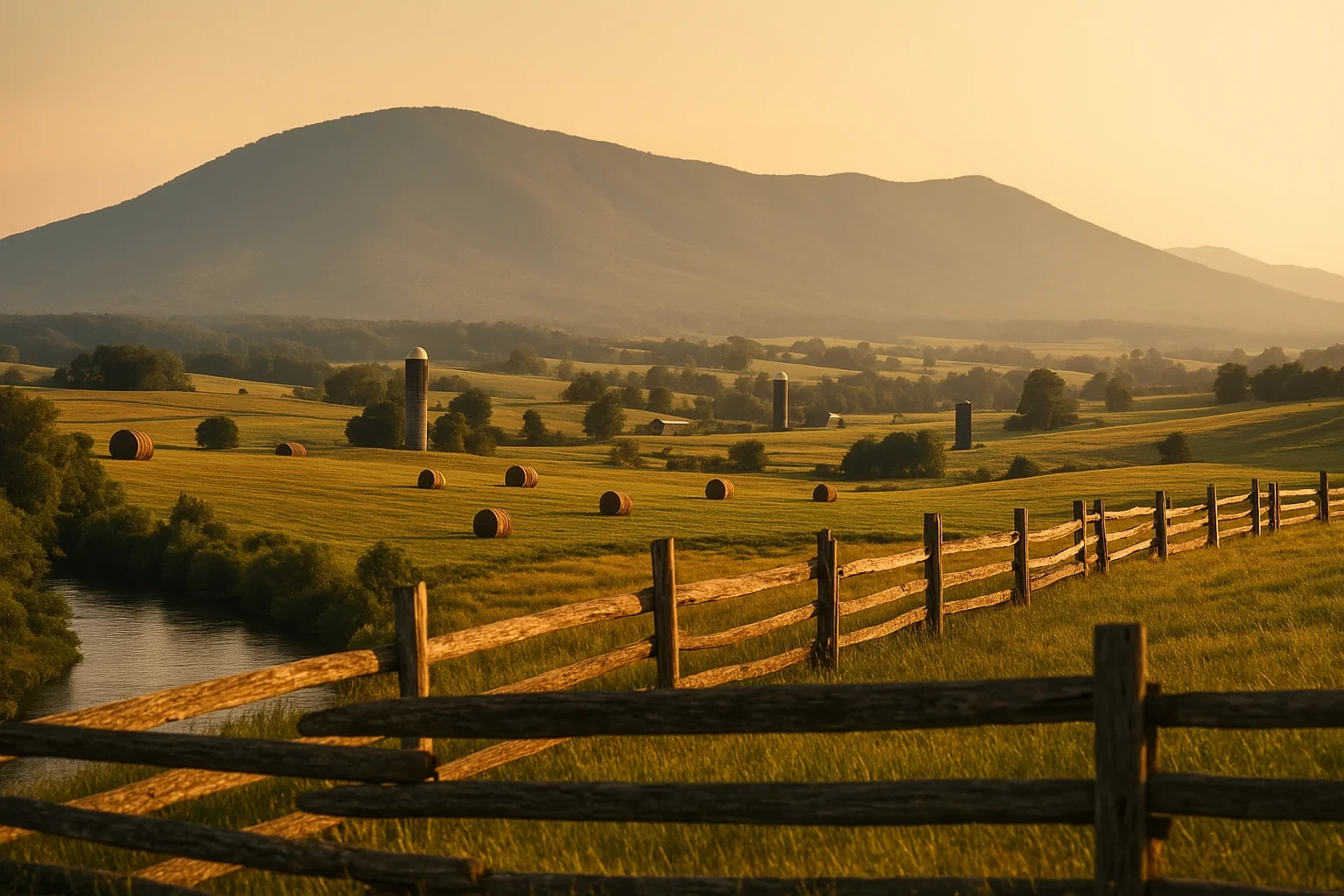 Rolling farmland with hay bales, silos, wooden split-rail fence, and mountain backdrop at sunset in Broadway