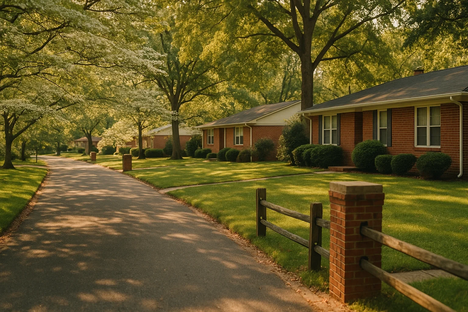 Tree-lined street with brick ranch homes and manicured lawns in a quiet Timberlake residential neighborhood