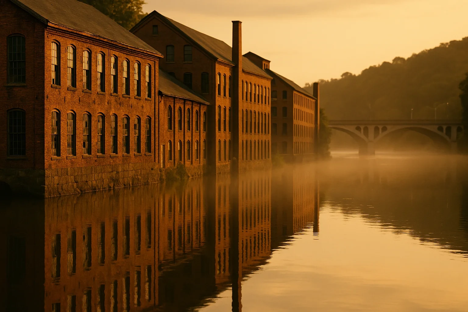 Historic brick mill buildings reflected in a misty river at golden hour in Shelton, with arched bridge