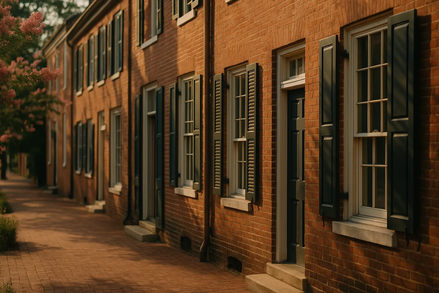 Historic brick row houses with black shutters and crepe myrtle blooms line a sidewalk in Farmville.