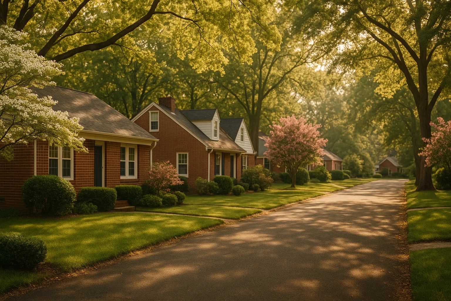 Tree-lined street with brick homes and blooming dogwoods in a quiet Lakeside neighborhood at golden hour