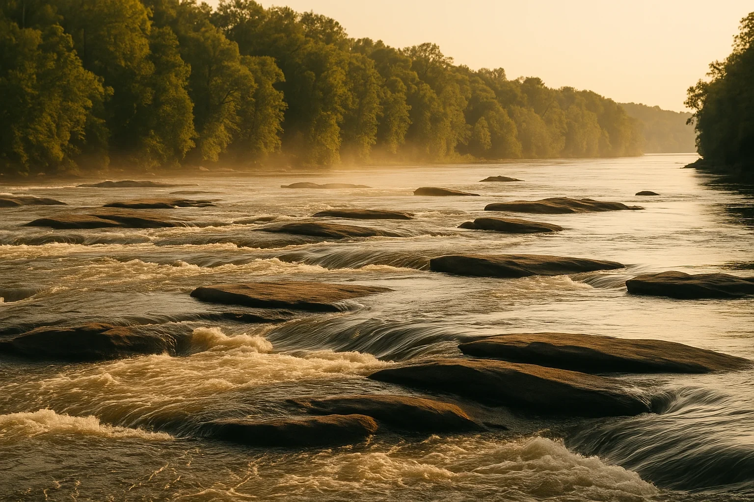 Golden sunrise over a rocky river with misty trees lining the banks near Tuckahoe, showcasing flowing rapids