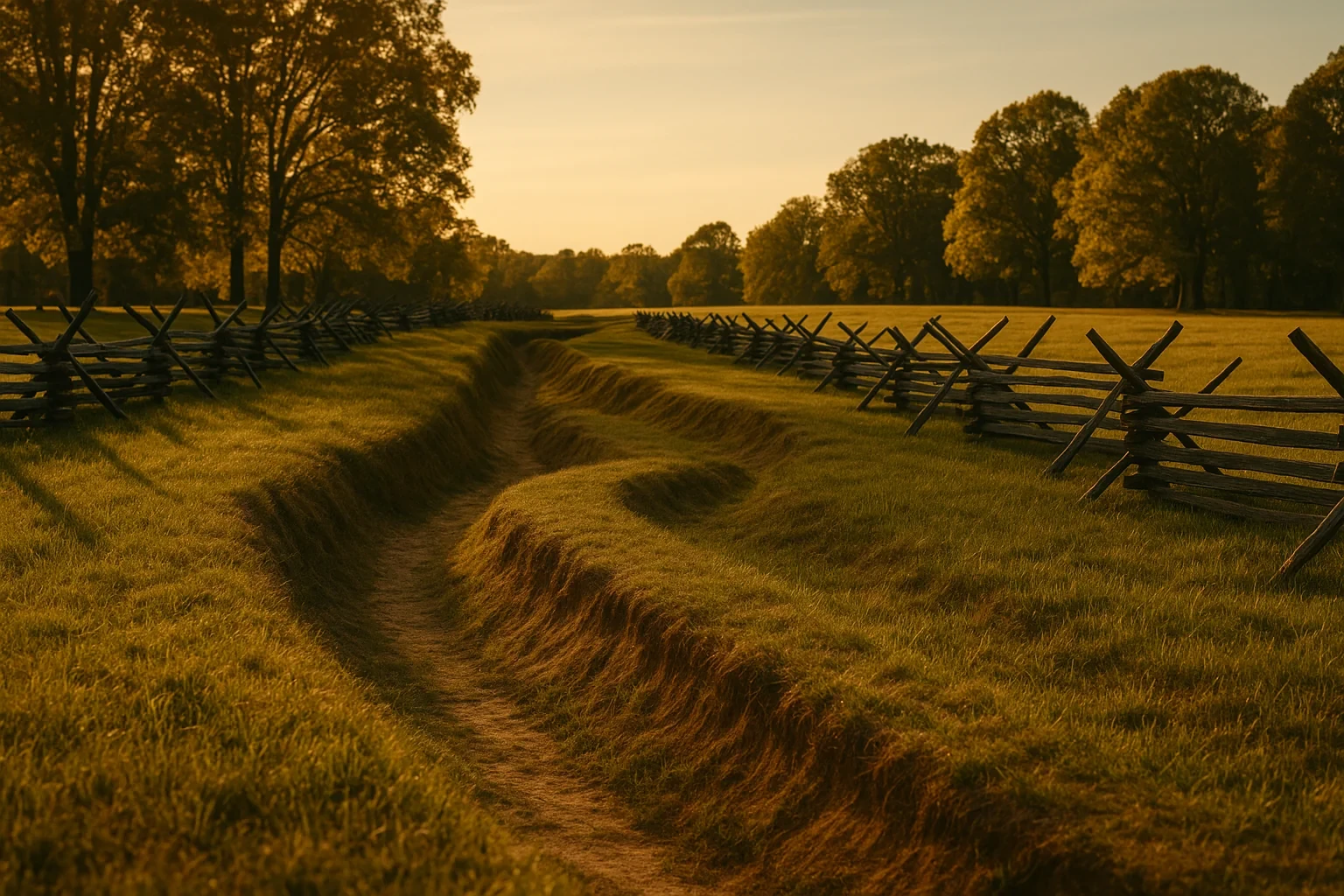 Historic split-rail fences line a sunlit battlefield trench winding through golden fields at sunset in Mechanicsville