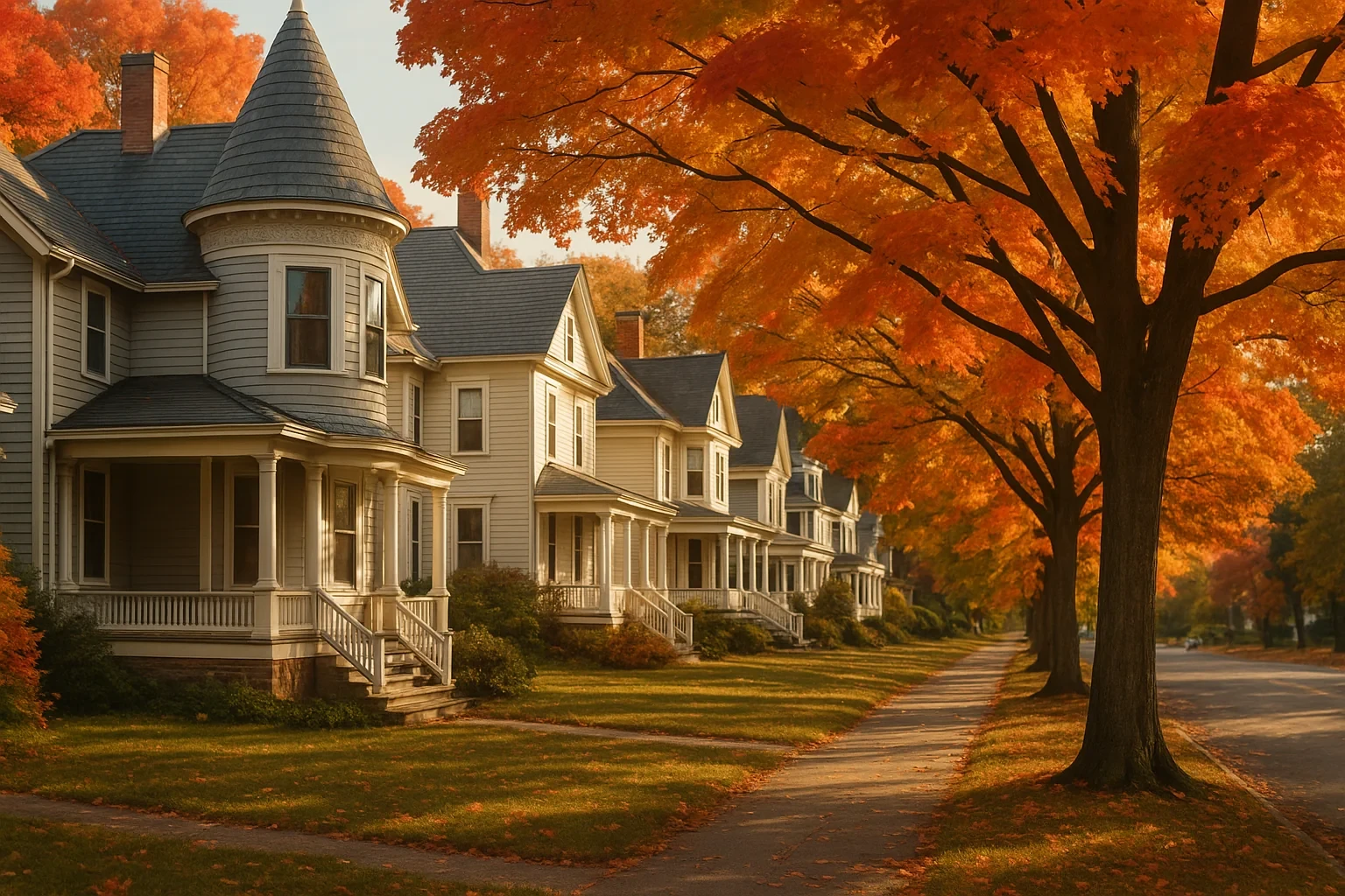 Charming Victorian homes lining a tree-shaded street with vibrant autumn foliage in Waterbury.