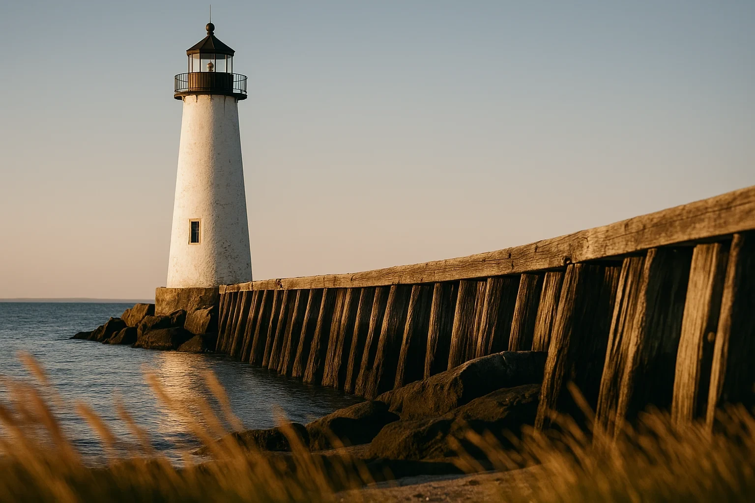 Historic white lighthouse on a wooden pier breakwater at golden hour along the Bridgeport waterfront