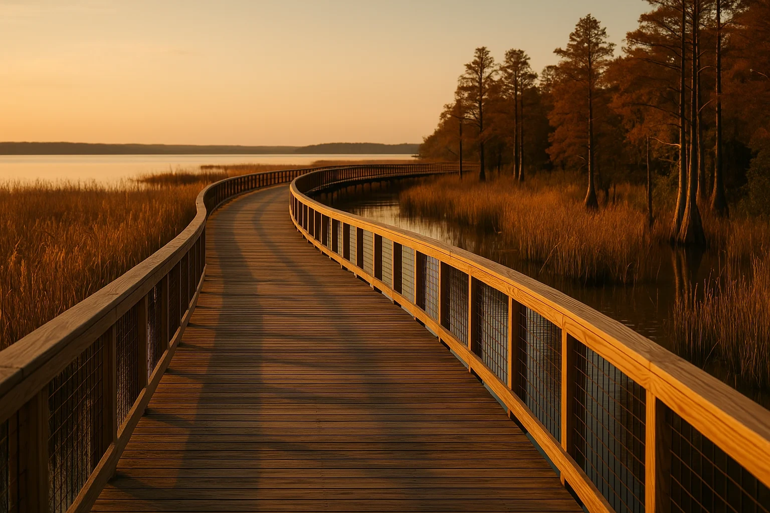 Winding wooden boardwalk over marshland and water at golden sunset near Neabsco, with cypress trees lining shore