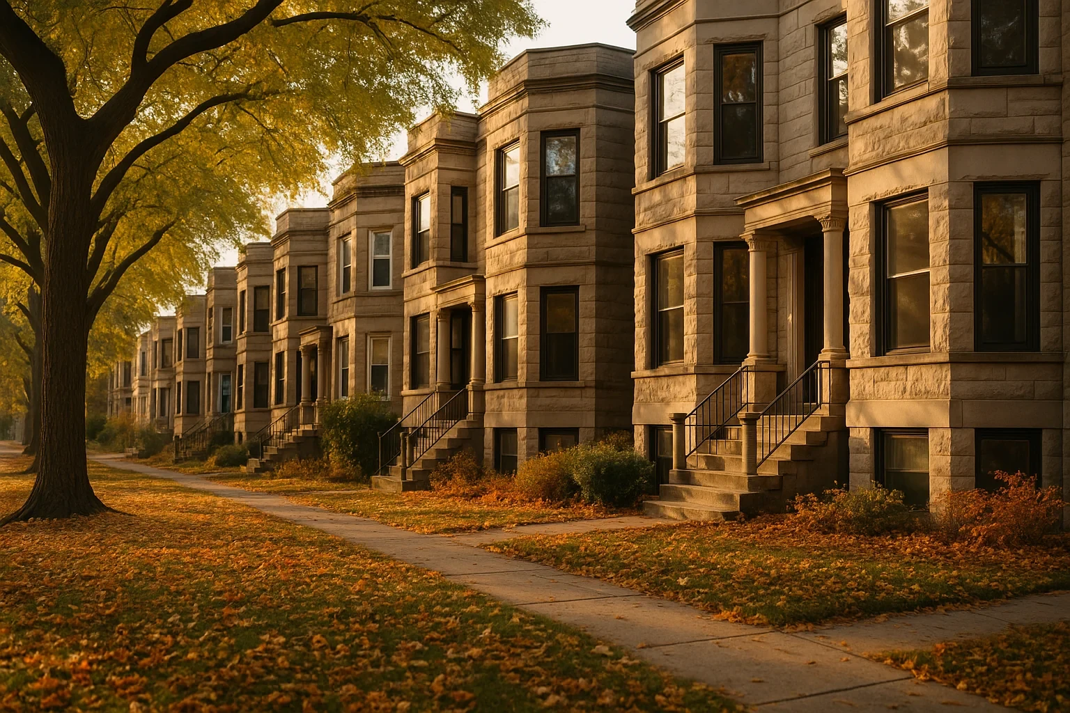 Row of historic greystone homes lining a tree-shaded Chicago street with autumn leaves at golden hour