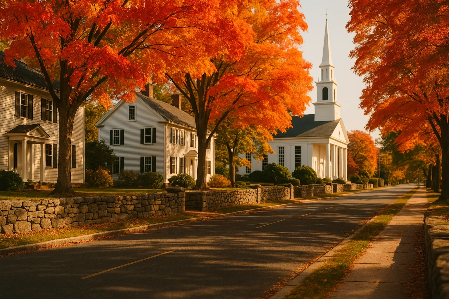 Tree-lined street in Simsbury Center with white colonial homes, stone walls, church steeple, and vibrant autumn foliage.