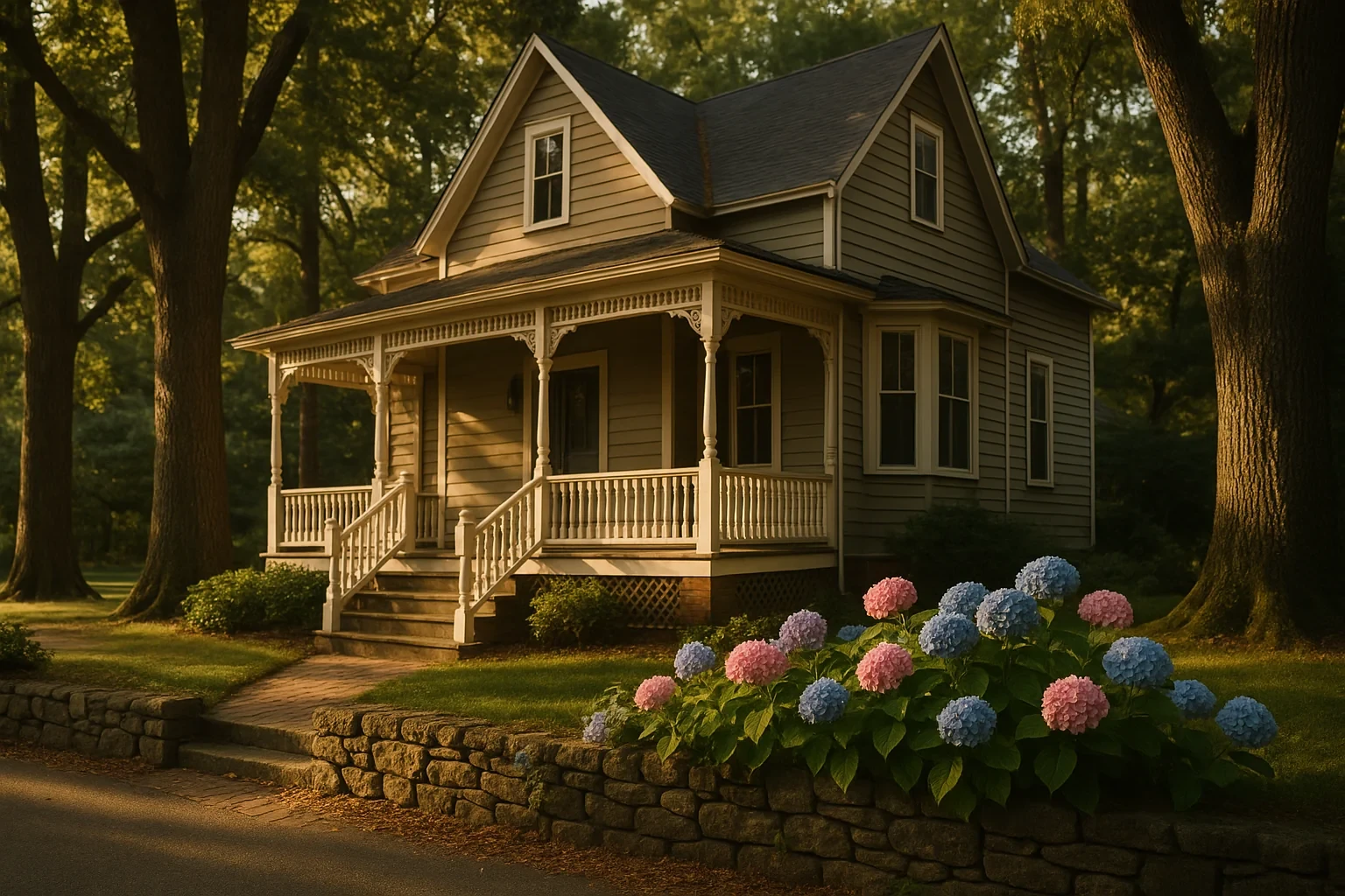 Charming Victorian cottage with wraparound porch and colorful hydrangeas in a serene Bon Air neighborhood