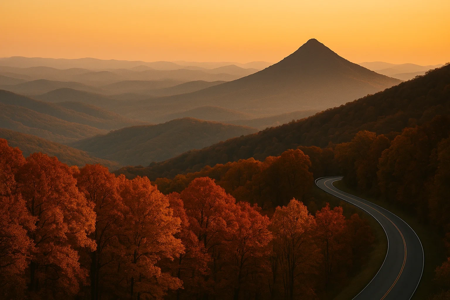 Winding road through autumn-colored forest with misty mountain peak at sunset near Blue Ridge