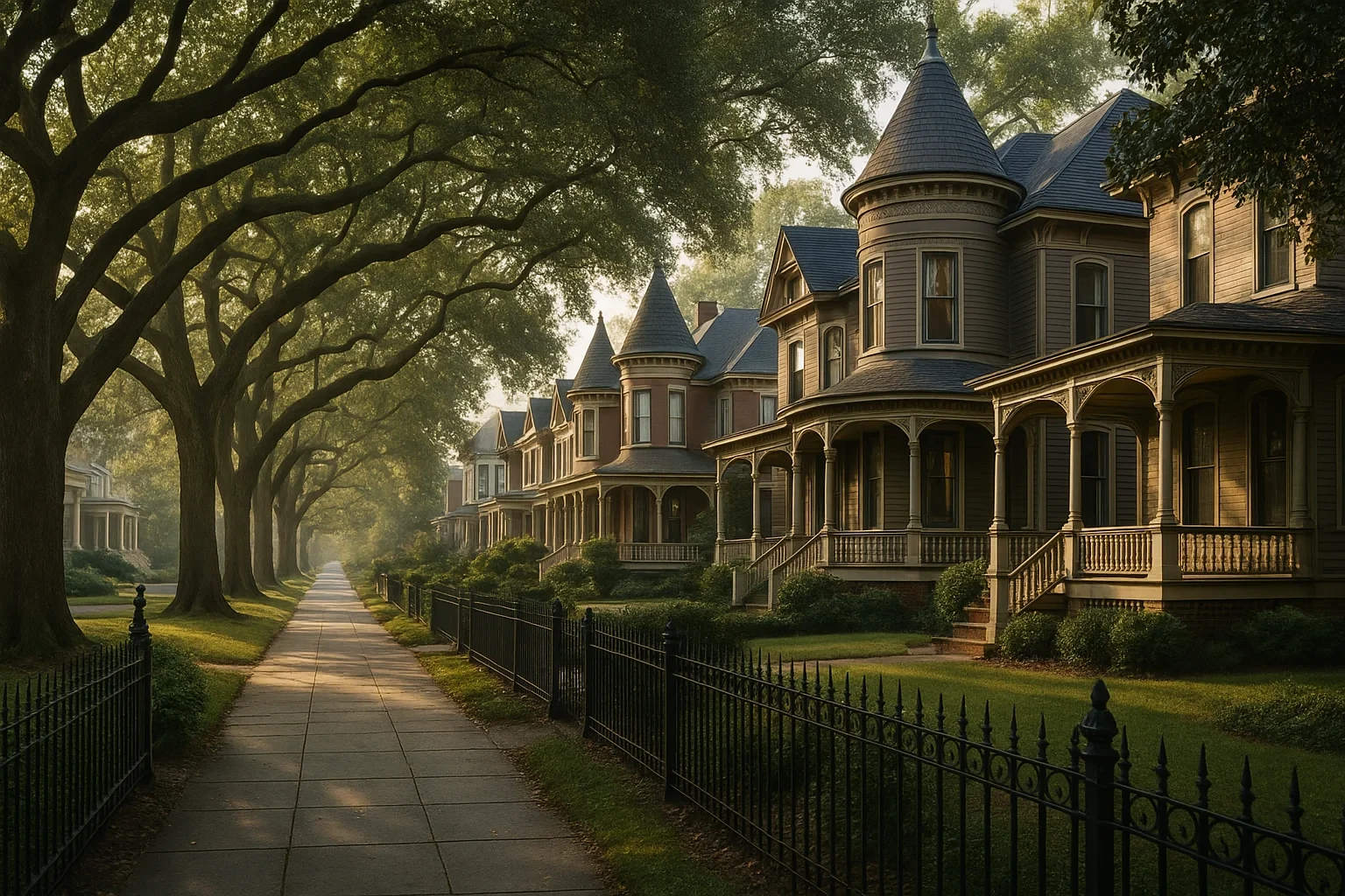 Tree-lined sidewalk passing historic Victorian homes with turrets and wrought iron fences in Danville