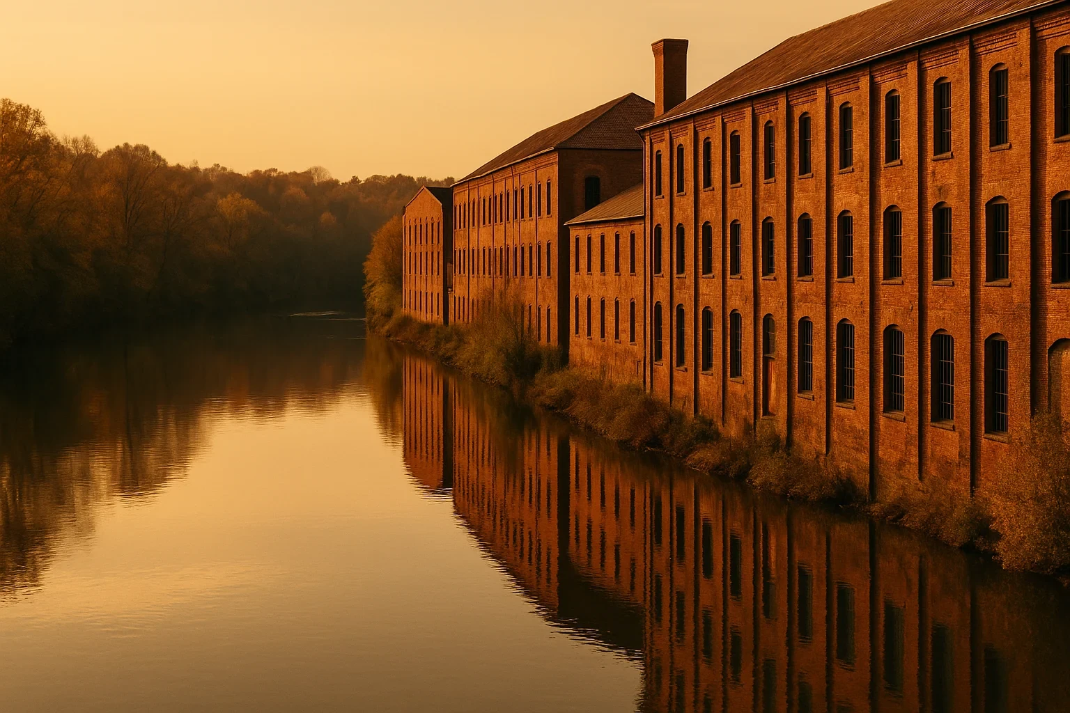 Historic red brick mill buildings reflecting in a calm river at sunset in South Boston