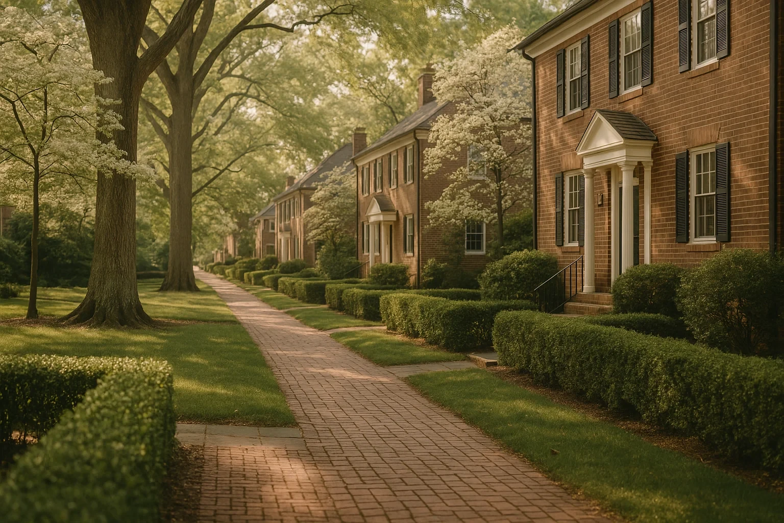 Tree-lined brick walkway past colonial brick homes with shutters and flowering dogwoods in Tuckahoe