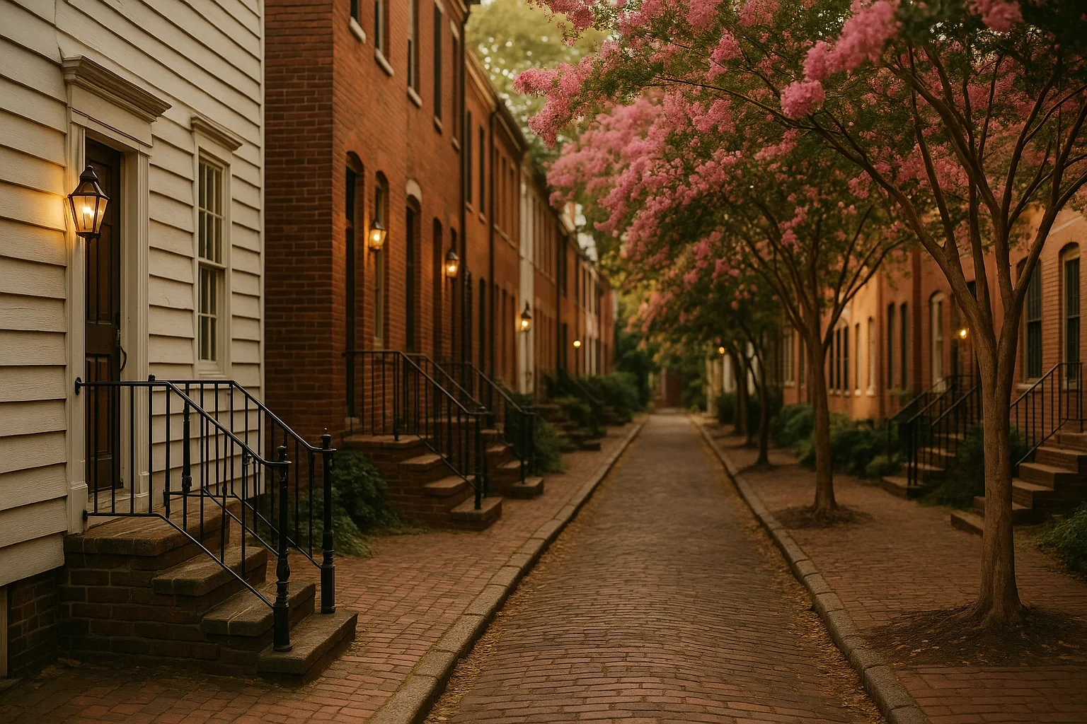 Historic brick row houses with iron railings and blooming pink crepe myrtles line a Portsmouth cobblestone street.