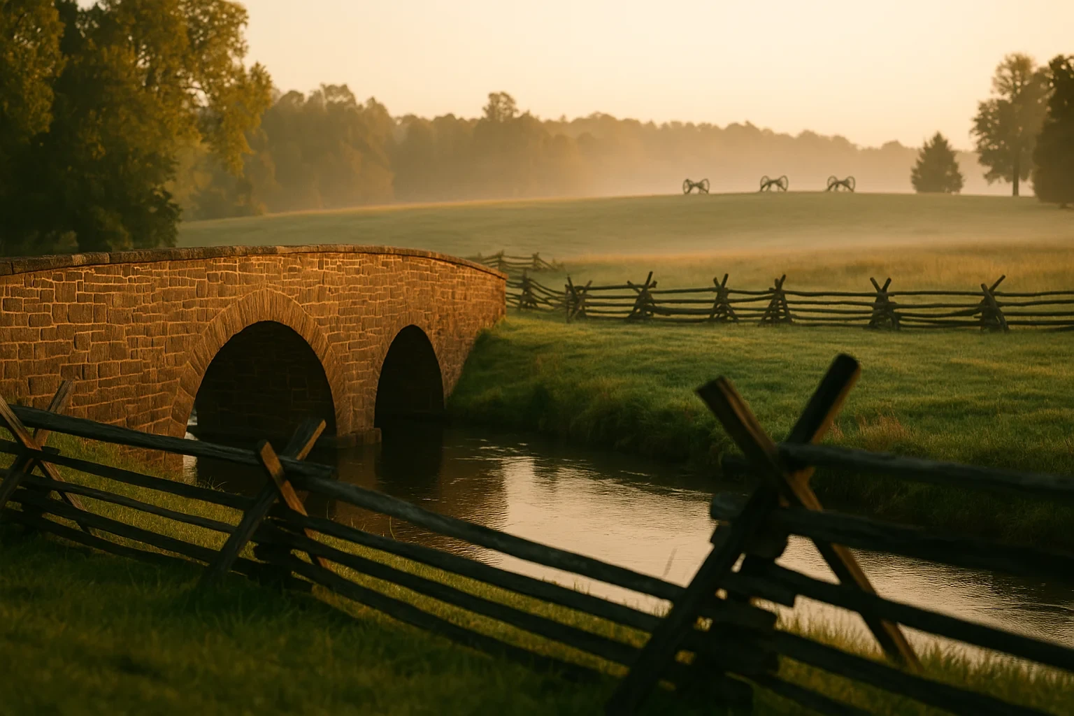 Historic stone arch bridge over a creek with split-rail fences and distant cannons at sunrise in Bull Run