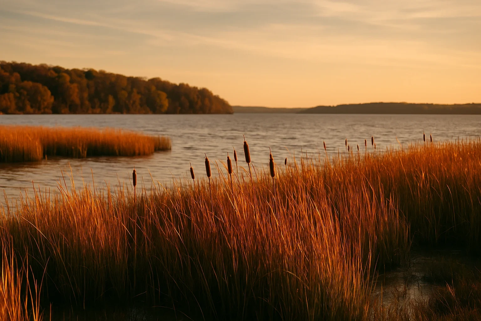 Golden sunset over a tranquil lake with cattails and marsh grasses along the shoreline near Hybla Valley.