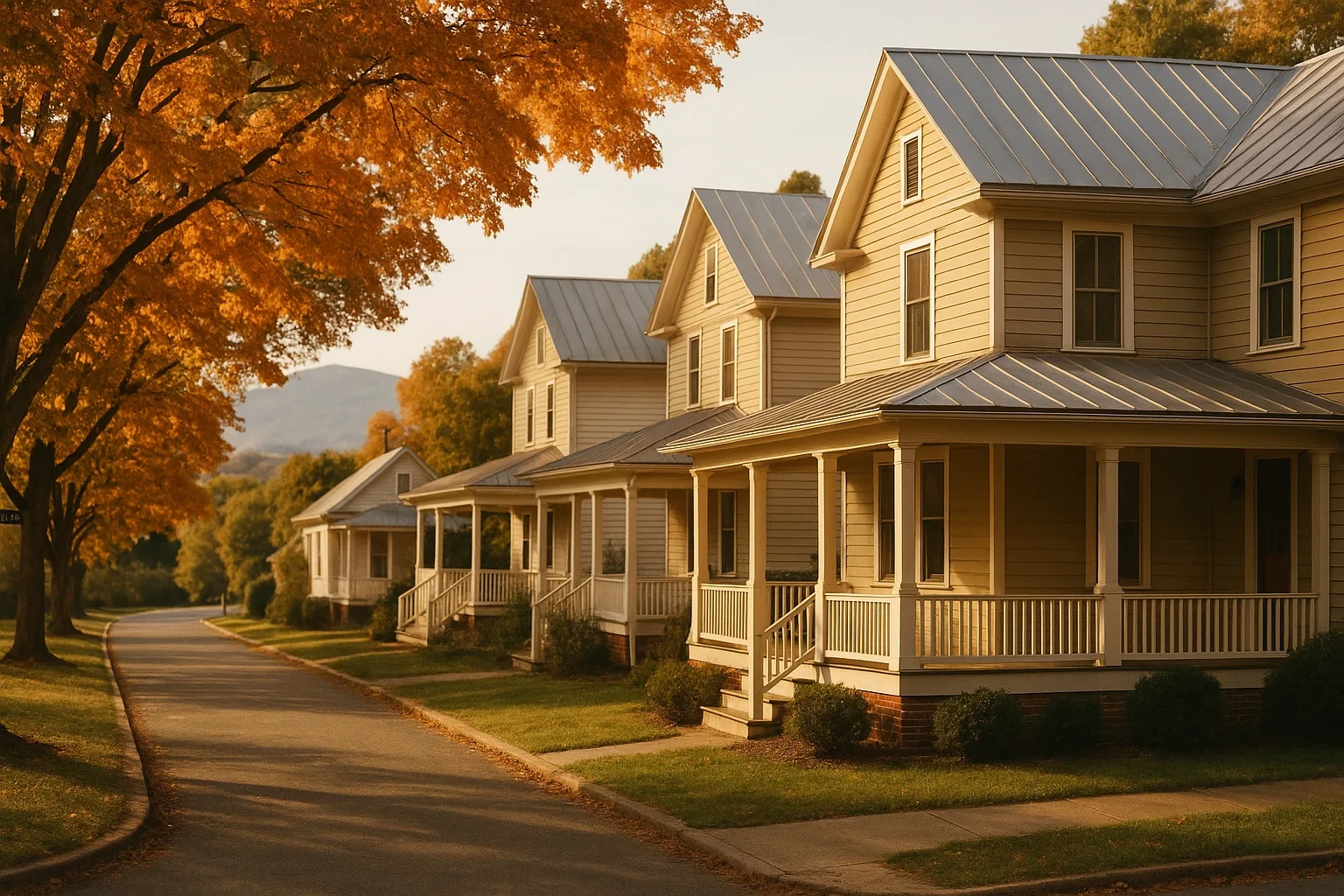 Row of yellow clapboard homes with metal roofs and front porches along a tree-lined Elkton street in autumn