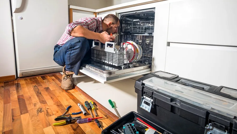 homeowner figuring out how to fix a leaking dishwasher
