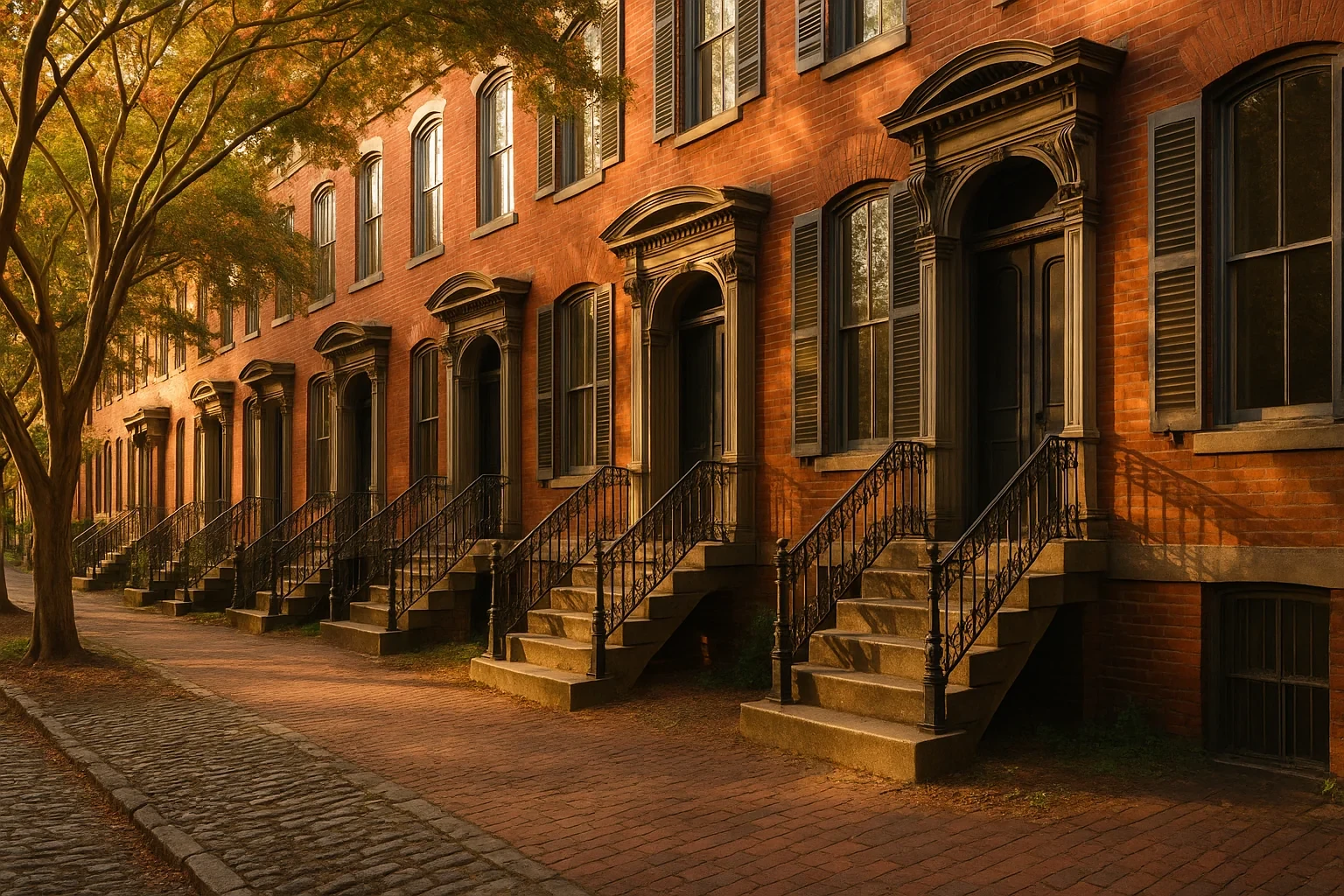 Historic brick row houses with ornate iron railings and stone steps along a cobblestone street in Richmond