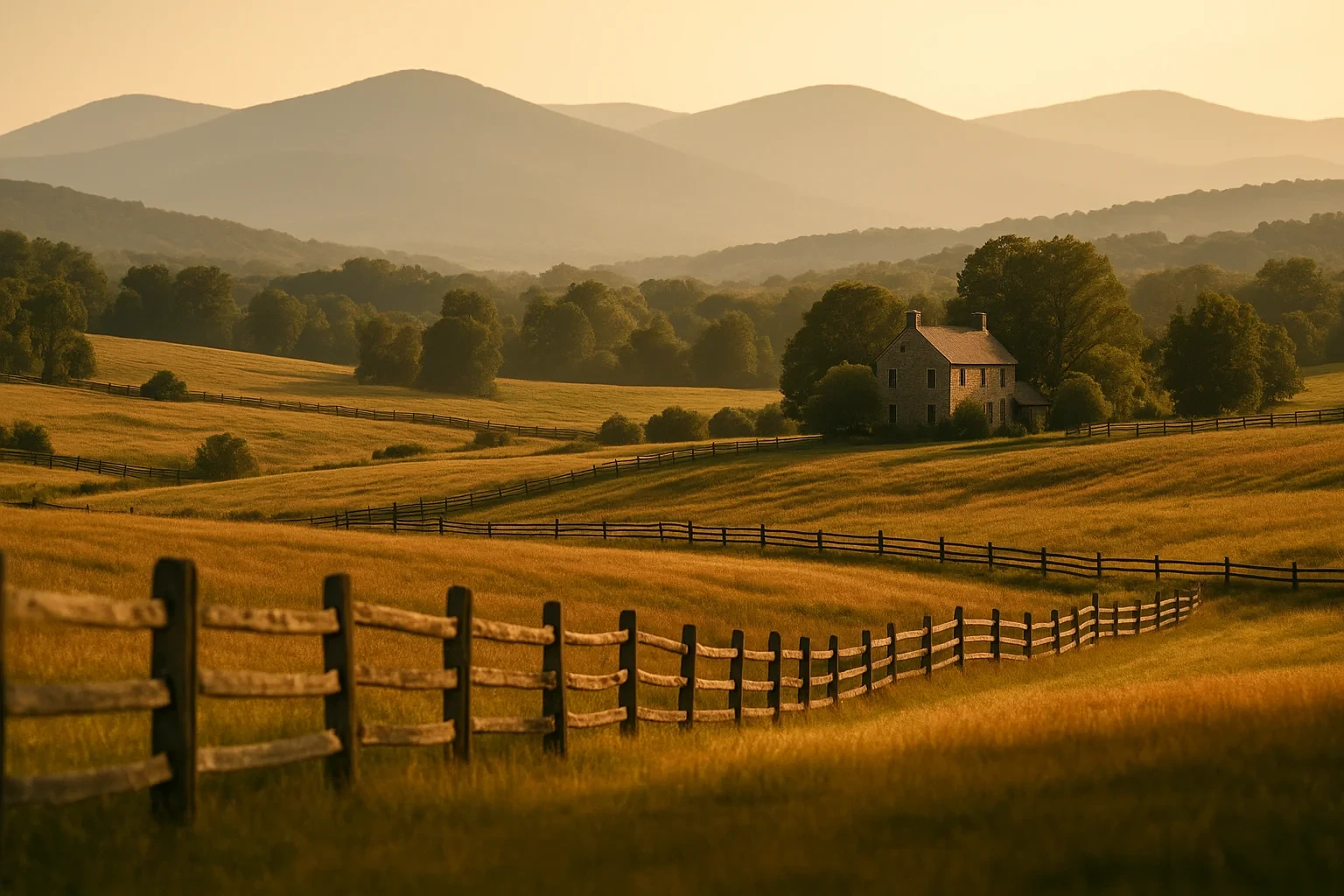 Rolling golden fields with wooden split-rail fences, a stone farmhouse, and misty mountains near Purcellville